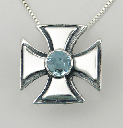 Sterling Silver Iron Cross Pendant With Blue Topaz